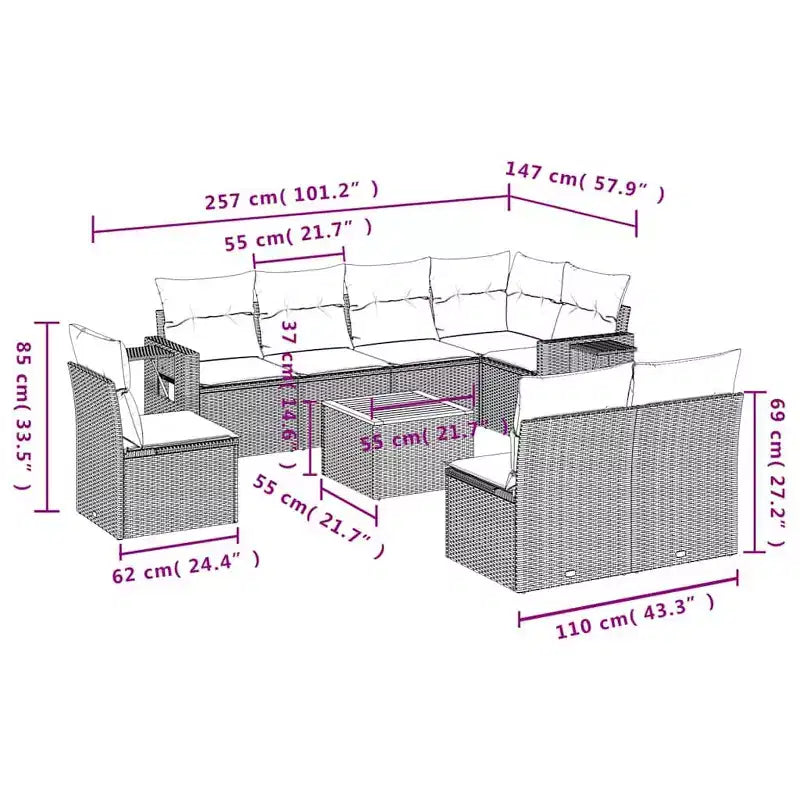 vidaXL 9-teiliges Garten-Sofa-Set mit Kissen Schwarz Polyrattan