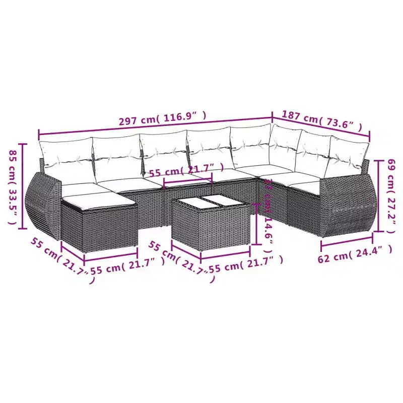 vidaXL 9-teiliges Lounge-Set mit Kissen Grau Polyrattan
