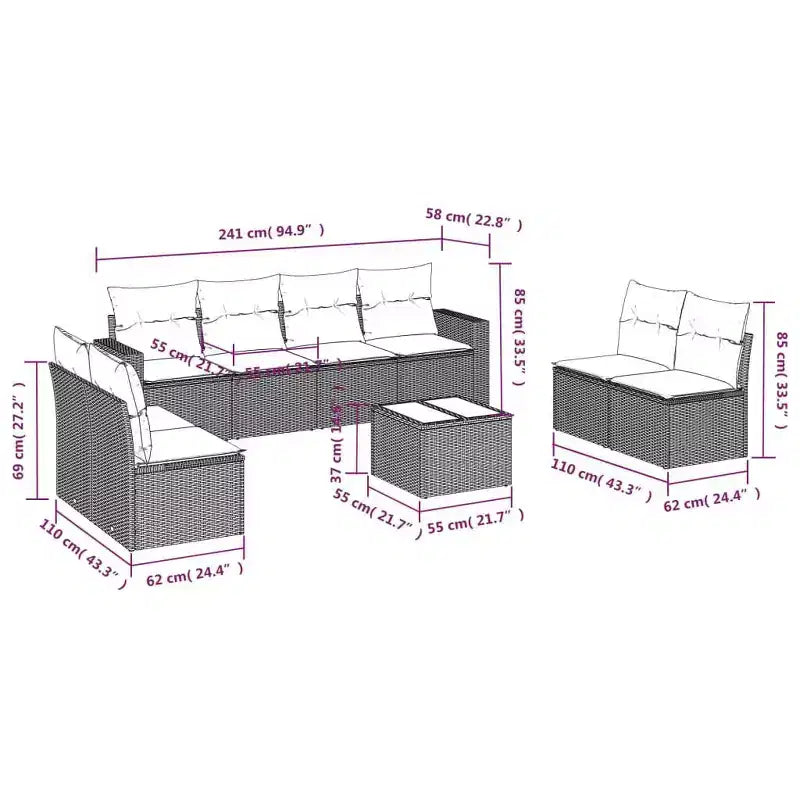 vidaXL 9-teiliges Gartensofa-Set mit Kissen Polyrattan