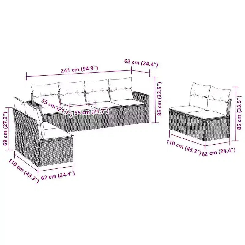 vidaXL 9-teiliges Gartensofa-Set mit Kissen Polyrattan