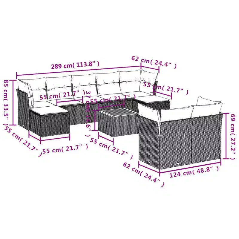 vidaXL Gartensofa-Set mit Kissen Outdoor-Möbel 10-teilig Polyrattan