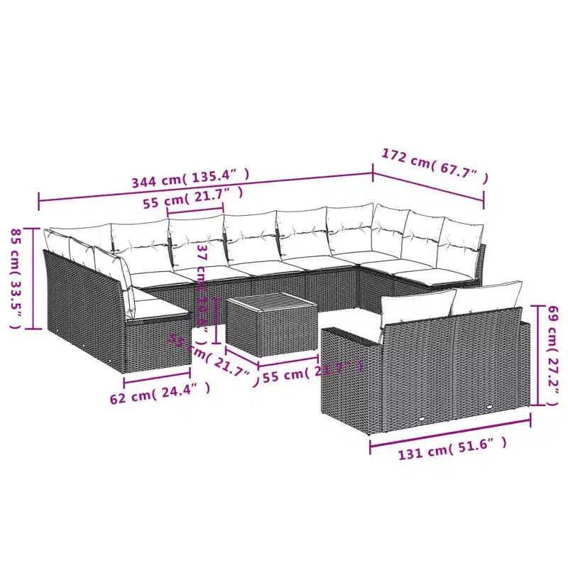 vidaXL 13-teilige Loungesitzgruppe mit Kissen Grau Polyrattan