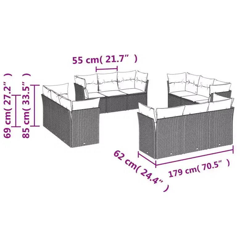 vidaXL 12-teiliges Terrassen-Sofa-Set mit Kissen Polyrattan