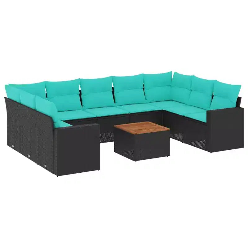 vidaXL 10 Piece Patio Sofa Set with Cushions Black Poly Rattan - Black 5x middle + Table + 2x corner