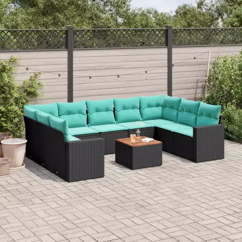 vidaXL 10-teiliges Loungeset mit Kissen Schwarz Polyrattan – Schwarz 5x Mitte + Tisch + 2x Ecke