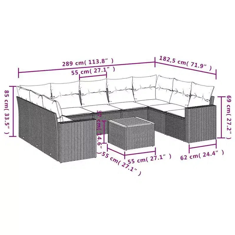 vidaXL 10-teiliges Loungeset mit Kissen Schwarz Polyrattan – Schwarz 5x Mitte + Tisch + 2x Ecke