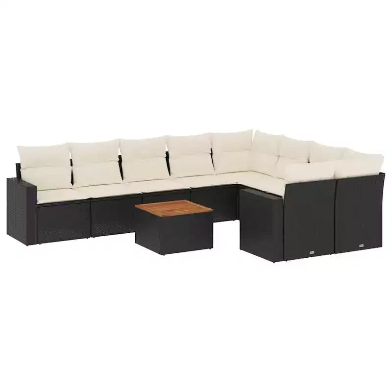 vidaXL 10 Piece Patio Sofa Set with Cushions Black Poly Rattan - Black and Cream 5x Middle + Table + 2x Corner