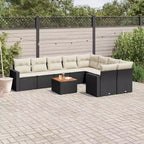 vidaXL 10-teiliges Gartensofa-Set mit Kissen Schwarz Polyrattan - Schwarz und Creme 5x Mitte + Tisch + 2x Ecke