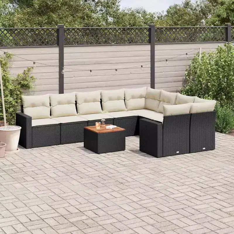 vidaXL 10-teiliges Gartensofa-Set mit Kissen Schwarz Polyrattan - Schwarz und Creme 5x Mitte + Tisch + 2x Ecke