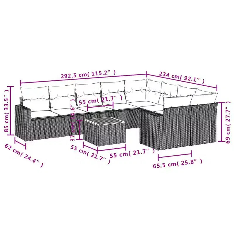 vidaXL 10-teiliges Gartensofa-Set mit Kissen Schwarz Polyrattan - Schwarz und Creme 5x Mitte + Tisch + 2x Ecke