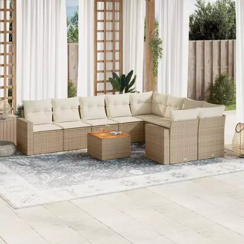 vidaXL 10-teiliges Gartensofa-Set mit Kissen Beige Polyrattan - Beige 5x Mittelteil + Tisch + 2x Eckteil