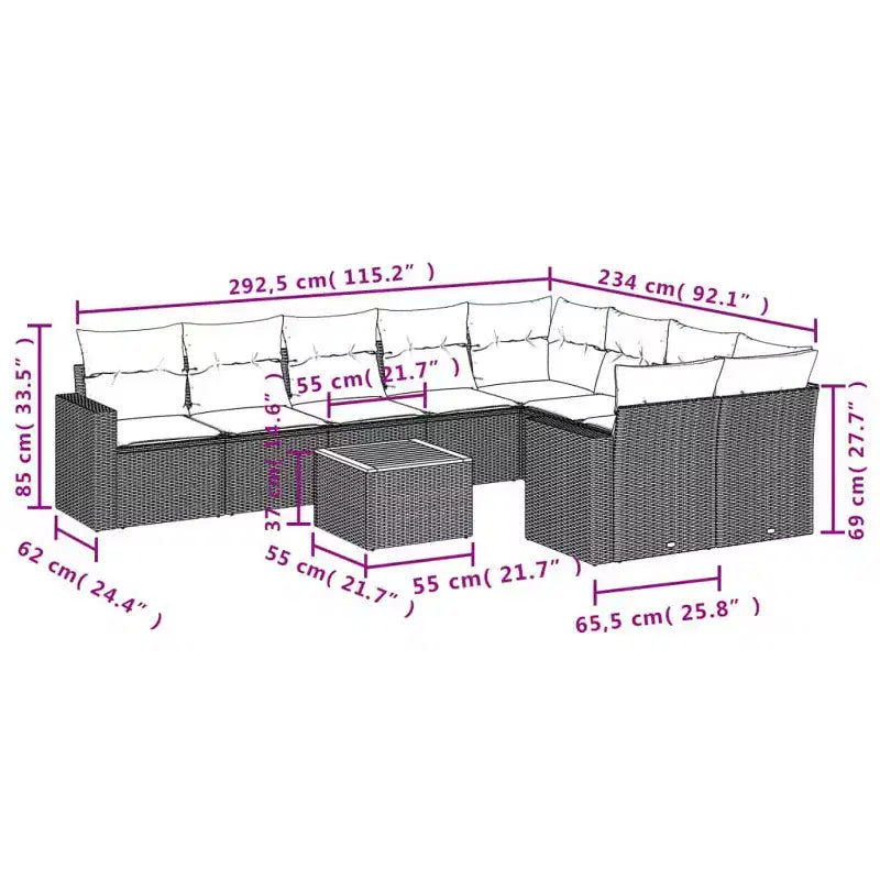 vidaXL 10-teiliges Gartensofa-Set mit Kissen Beige Polyrattan - Beige 5x Mittelteil + Tisch + 2x Eckteil