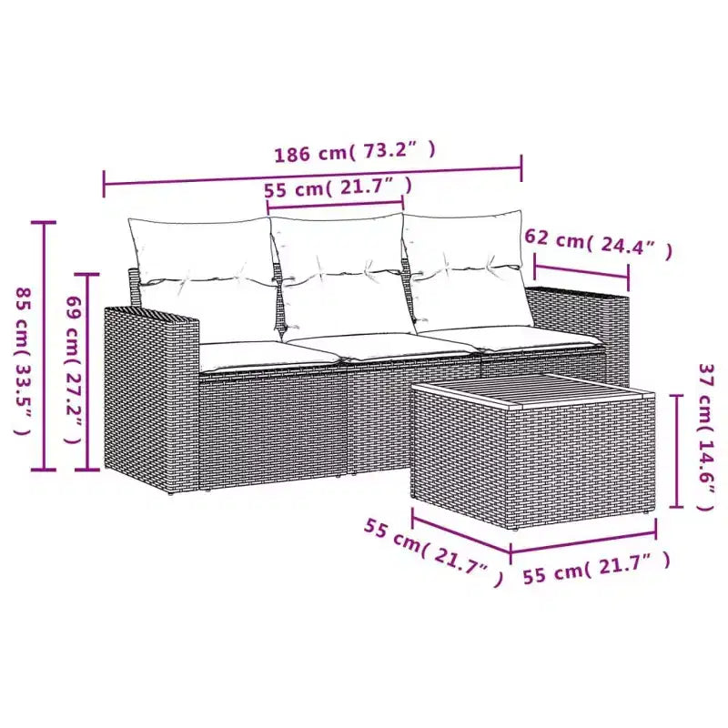 vidaXL Loungesofa-Set mit Kissen Gartenmöbel 4-teilig Polyrattan