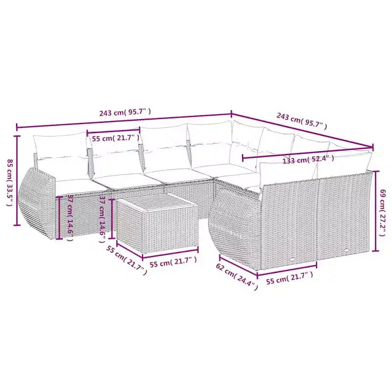 vidaXL 9-teiliges Garten-Sofa-Set mit Kissen Polyrattan