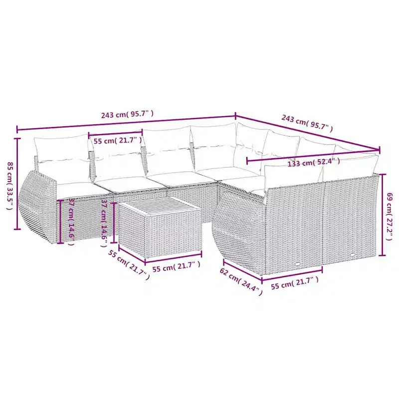 vidaXL 9-teiliges Garten-Sofa-Set mit Kissen Polyrattan