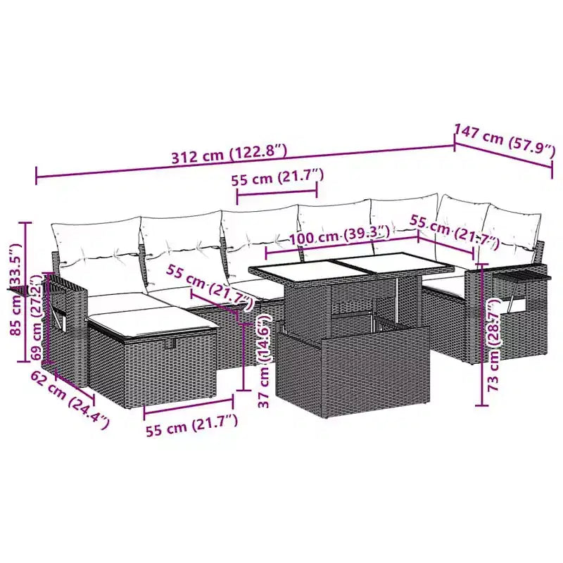 vidaXL Loungesofa-Garnitur mit Kissen und Tisch Gartenmöbel 8-teilig Polyrattan