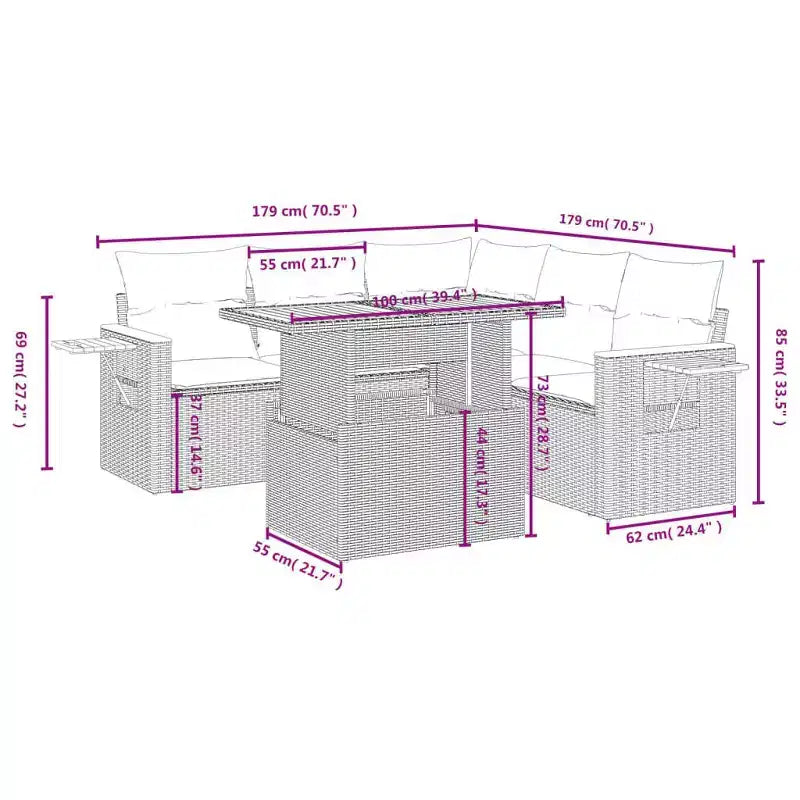 vidaXL 6-teiliges Loungeset mit Kissen Polyrattan