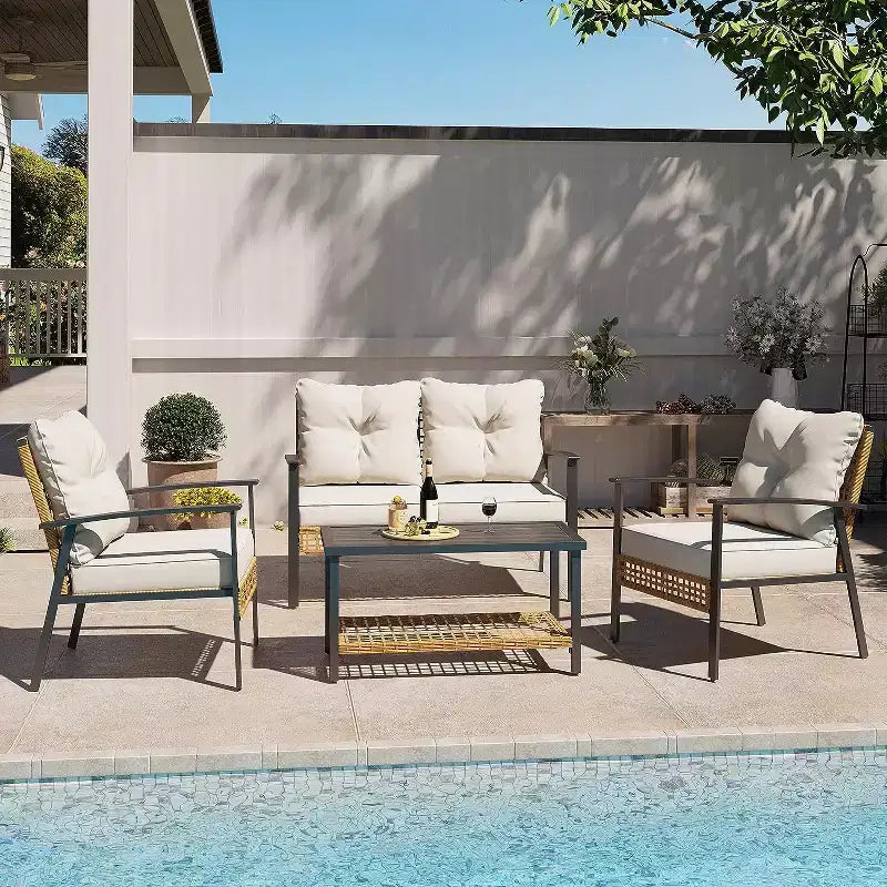 LAUSAINT HOME 4-teiliges Rattan-Gesprächsset Bequeme, übergroße Outdoor-Möbelgruppe für den Garten