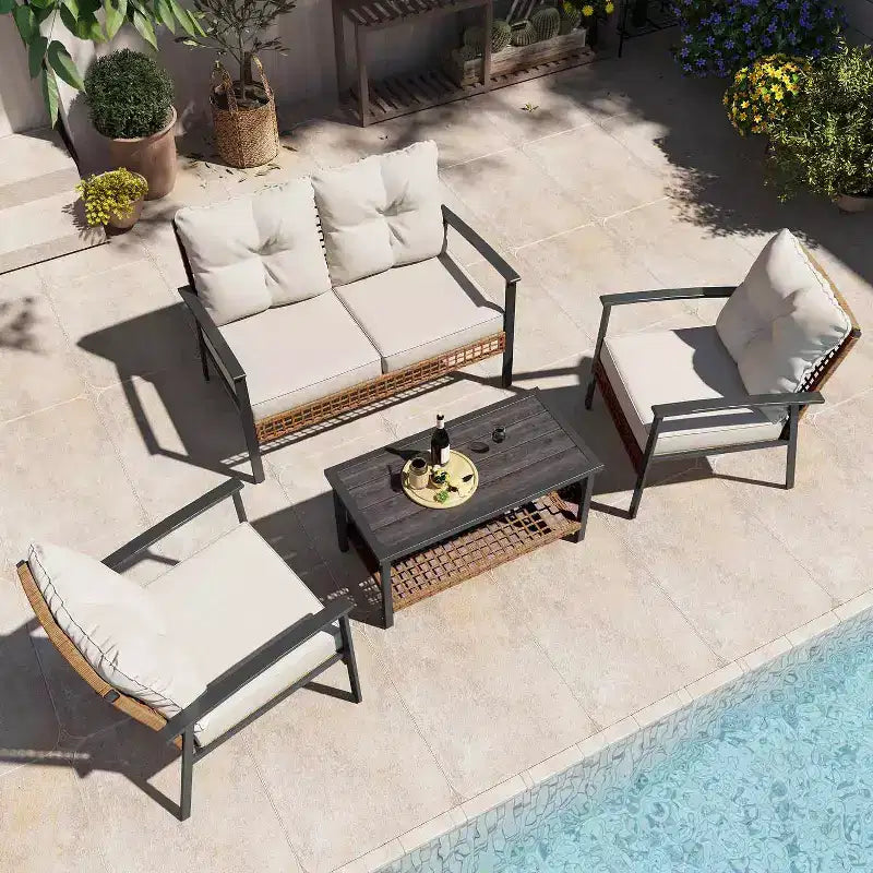LAUSAINT HOME 4-teiliges Rattan-Gesprächsset Bequeme, übergroße Outdoor-Möbelgruppe für den Garten
