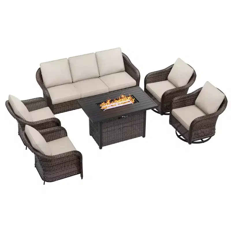UPTIOT 6-teiliges Outdoor-Set mit 3-Sitzer-Sofa, 2 Drehsesseln, 2 Einzelsesseln und 50.000 BTU Grauem Feuertisch