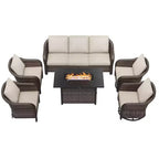 UPTIOT 6-teiliges Outdoor-Set mit 3-Sitzer-Sofa, 2 Drehsesseln, 2 Einzelsesseln und 50.000 BTU Grauem Feuertisch