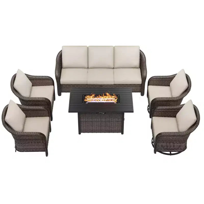 UPTIOT 6-teiliges Outdoor-Set mit 3-Sitzer-Sofa, 2 Drehsesseln, 2 Einzelsesseln und 50.000 BTU Grauem Feuertisch