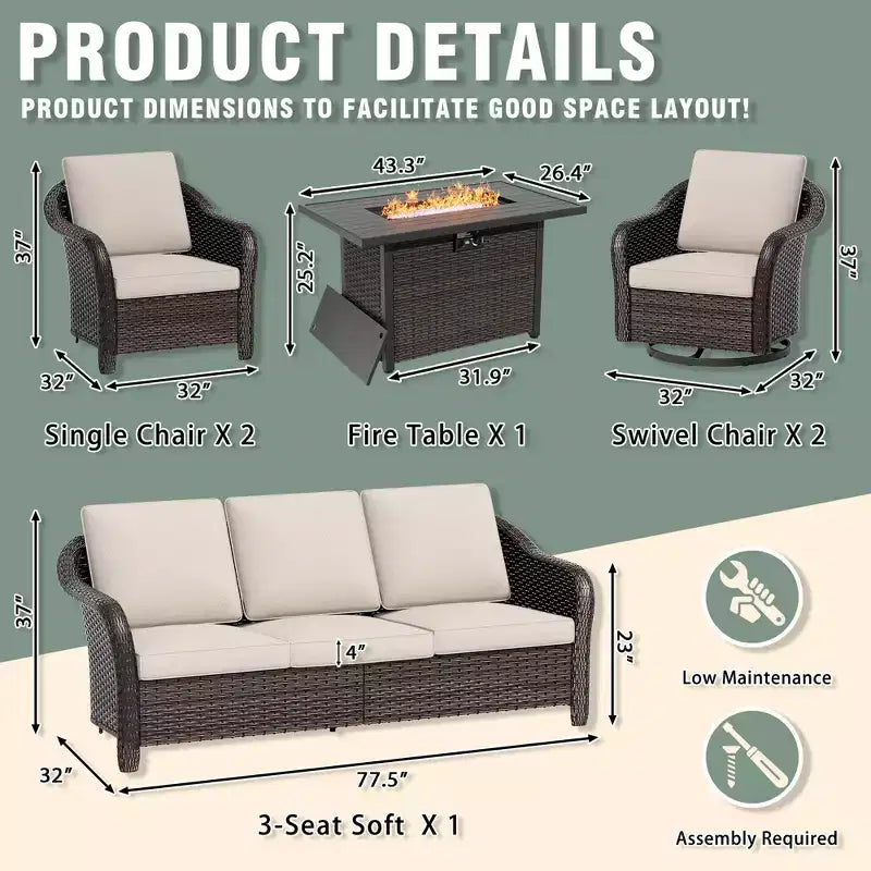UPTIOT 6-teiliges Outdoor-Set mit 3-Sitzer-Sofa, 2 Drehsesseln, 2 Einzelsesseln und 50.000 BTU Grauem Feuertisch