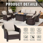 UPTIOT 6-teiliges Outdoor-Set mit 3-Sitzer-Sofa, 2 Drehsesseln, 2 Einzelsesseln und 50.000 BTU Grauem Feuertisch