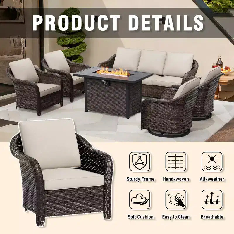 UPTIOT 6-teiliges Outdoor-Set mit 3-Sitzer-Sofa, 2 Drehsesseln, 2 Einzelsesseln und 50.000 BTU Grauem Feuertisch