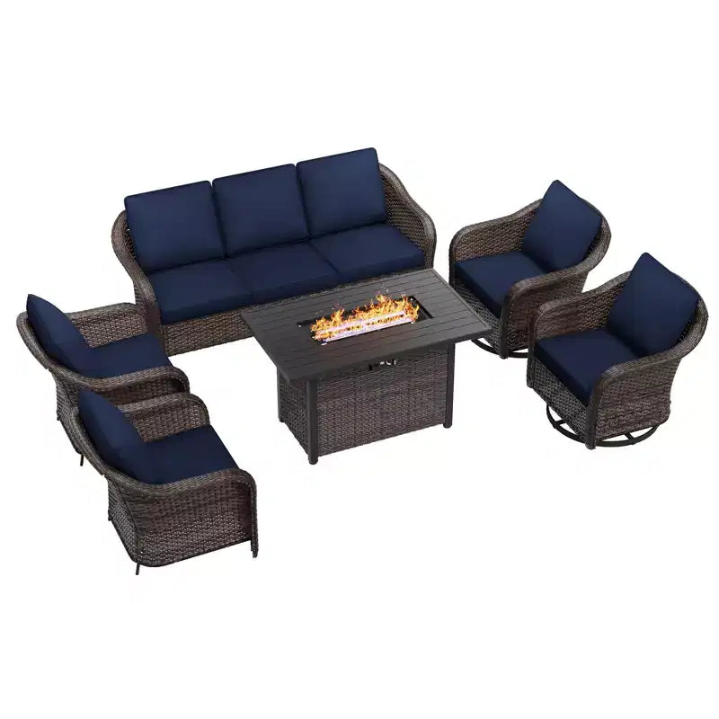 UPTIOT 6-teiliges Outdoor-Set mit 3-Sitzer-Sofa, 2 Drehsesseln, 2 Einzelsesseln und 50.000 BTU Grauem Feuertisch