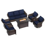 UPTIOT 6-teiliges Outdoor-Set mit 3-Sitzer-Sofa, 2 Drehsesseln, 2 Einzelsesseln und 50.000 BTU Grauem Feuertisch