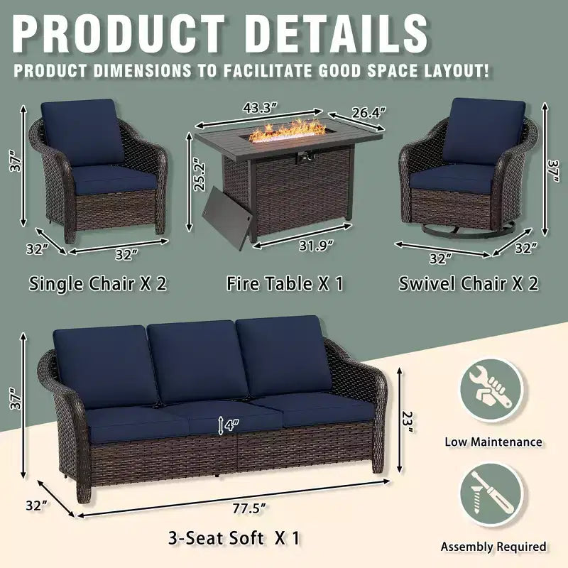 UPTIOT 6-teiliges Outdoor-Set mit 3-Sitzer-Sofa, 2 Drehsesseln, 2 Einzelsesseln und 50.000 BTU Grauem Feuertisch