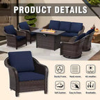 UPTIOT 6-teiliges Outdoor-Set mit 3-Sitzer-Sofa, 2 Drehsesseln, 2 Einzelsesseln und 50.000 BTU Grauem Feuertisch