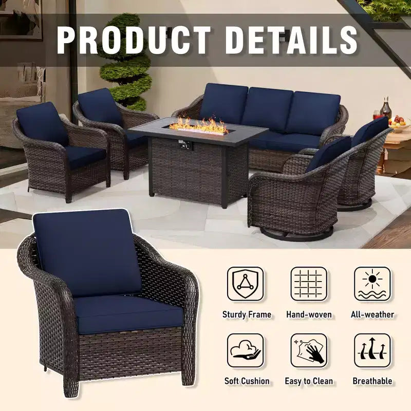 UPTIOT 6-teiliges Outdoor-Set mit 3-Sitzer-Sofa, 2 Drehsesseln, 2 Einzelsesseln und 50.000 BTU Grauem Feuertisch