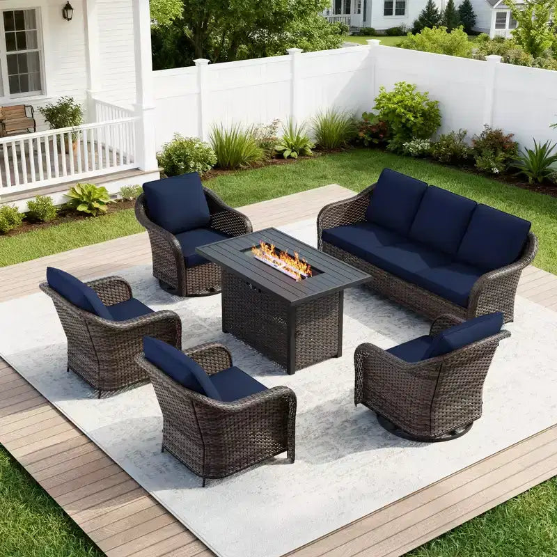 UPTIOT 6-teiliges Outdoor-Set mit 3-Sitzer-Sofa, 2 Drehsesseln, 2 Einzelsesseln und 50.000 BTU Grauem Feuertisch