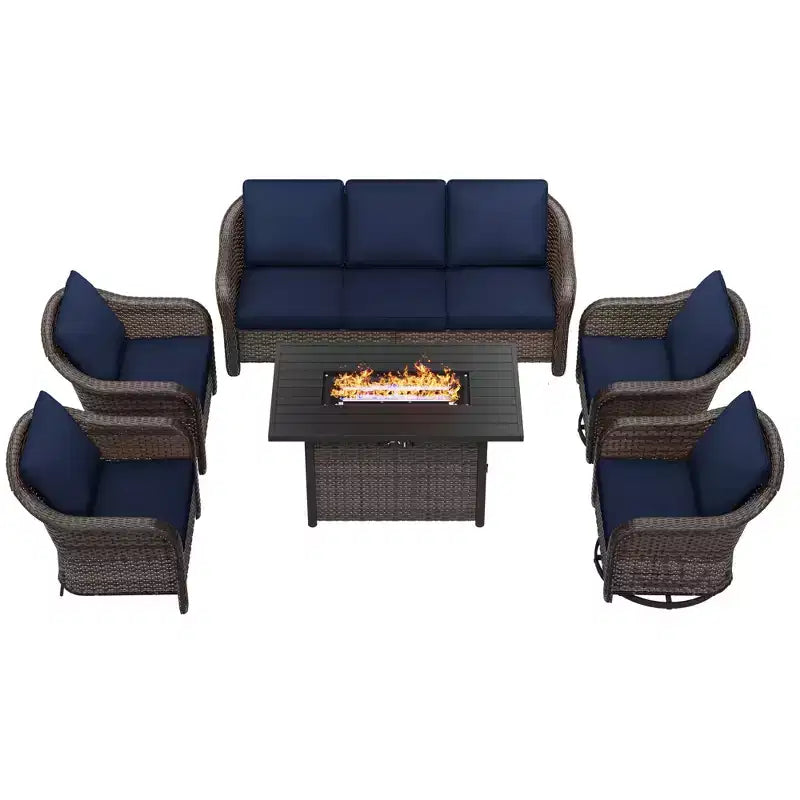 UPTIOT 6-teiliges Outdoor-Set mit 3-Sitzer-Sofa, 2 Drehsesseln, 2 Einzelsesseln und 50.000 BTU Grauem Feuertisch