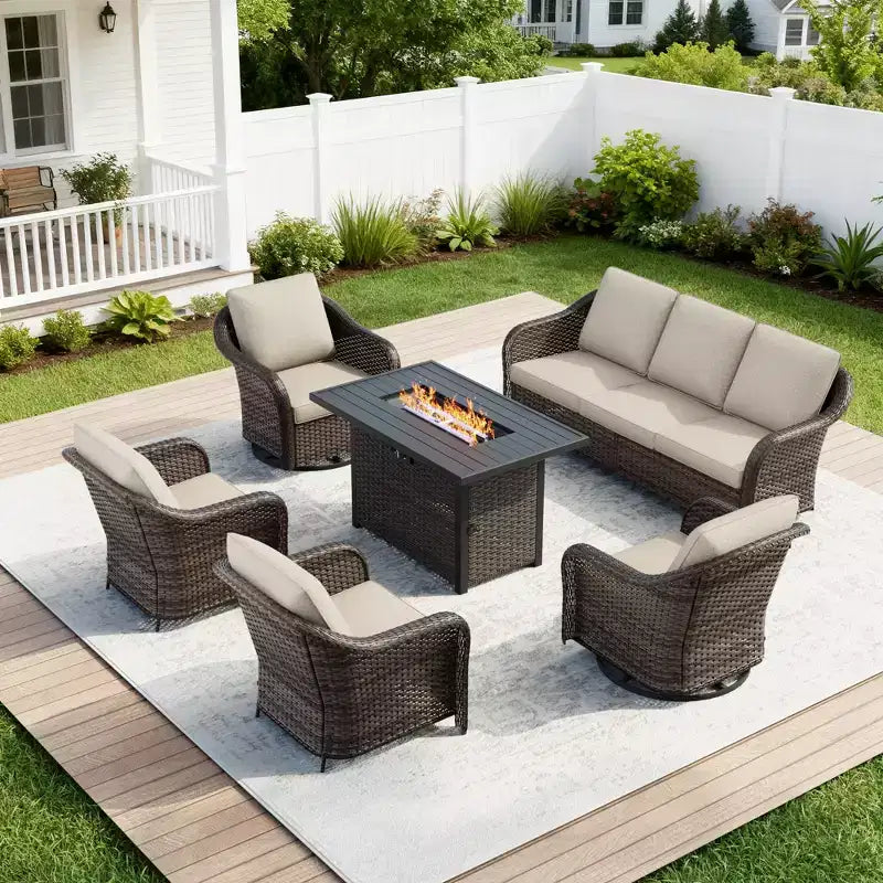 UPTIOT 6-teiliges Outdoor-Set mit 3-Sitzer-Sofa, 2 Drehsesseln, 2 Einzelsesseln und 50.000 BTU Grauem Feuertisch