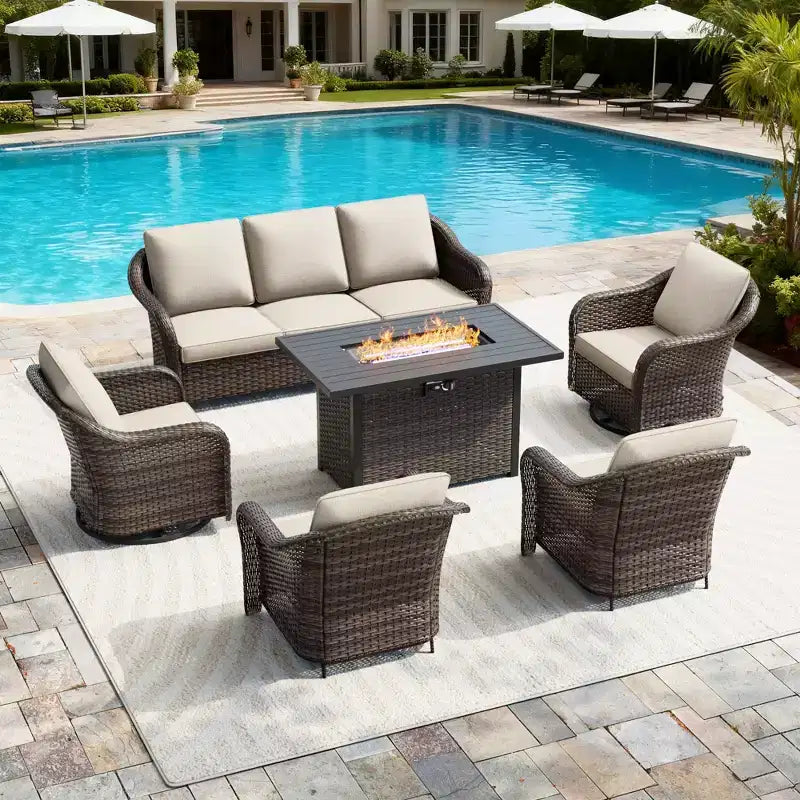UPTIOT 6-teiliges Outdoor-Set mit 3-Sitzer-Sofa, 2 Drehsesseln, 2 Einzelsesseln und 50.000 BTU Grauem Feuertisch
