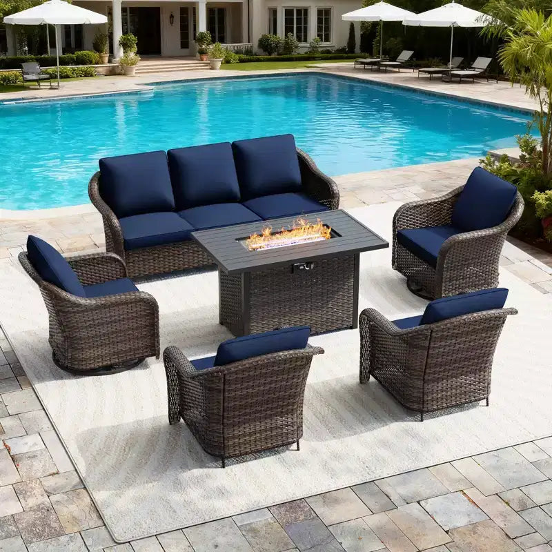 UPTIOT 6-Piece Outdoor Set with 3-Seat Sofa, 2 Swivel Chairs, 2 Single Chairs & 50,000 BTU Grey Fire Table