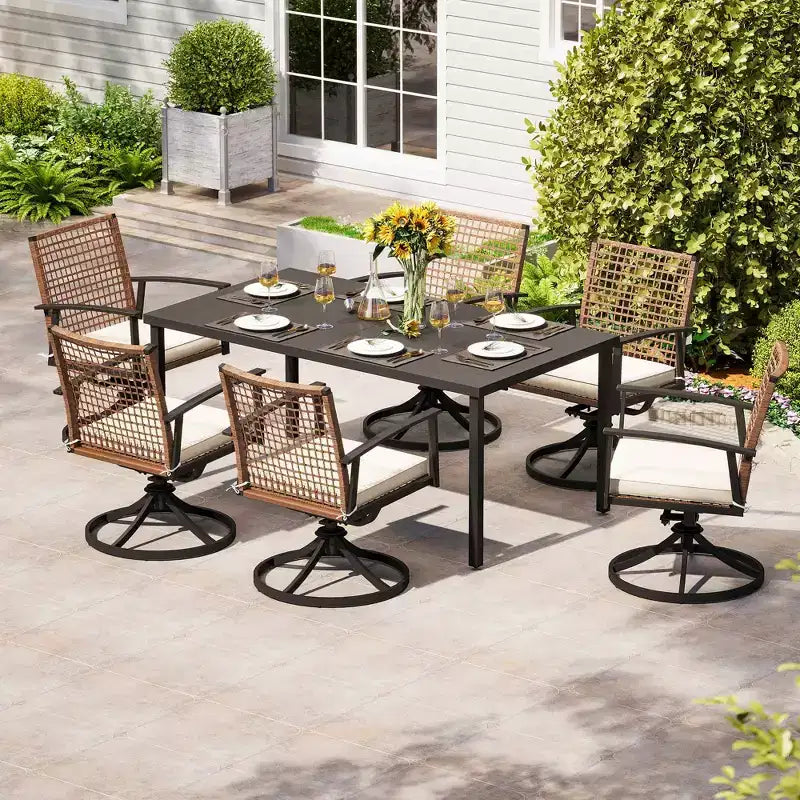 LAUSAINT HOME 7-teiliges Terrassen-Essgruppen-Set Outdoor-Essgruppe mit 6 Drehstühlen Gesprächsgruppe für den Garten