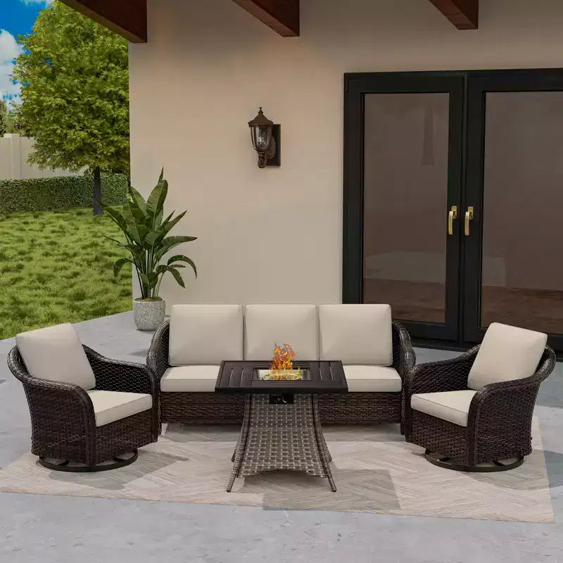 UPTIOT Outdoor-Loungemöbel-Set: 3-Sitzer-Sofa, 2 drehbare Schaukelsessel & 50.000 BTU Feuerstelle für wetterfesten Komfort und Wärme