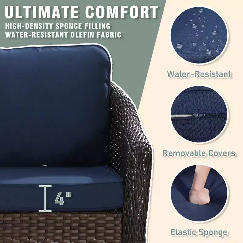 UPTIOT Outdoor-Loungemöbel-Set: 3-Sitzer-Sofa, 2 drehbare Schaukelsessel & 50.000 BTU Feuerstelle für wetterfesten Komfort und Wärme