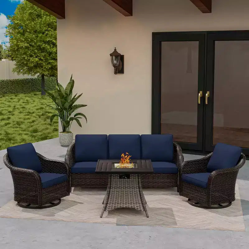 UPTIOT Outdoor-Loungemöbel-Set: 3-Sitzer-Sofa, 2 drehbare Schaukelsessel & 50.000 BTU Feuerstelle für wetterfesten Komfort und Wärme