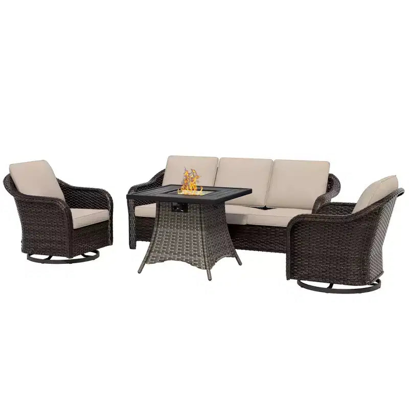 UPTIOT Outdoor-Loungemöbel-Set: 3-Sitzer-Sofa, 2 drehbare Schaukelsessel & 50.000 BTU Feuerstelle für wetterfesten Komfort und Wärme