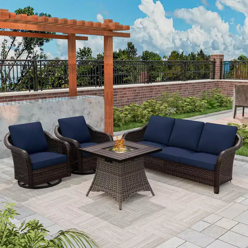 UPTIOT Outdoor-Loungemöbel-Set: 3-Sitzer-Sofa, 2 drehbare Schaukelsessel & 50.000 BTU Feuerstelle für wetterfesten Komfort und Wärme