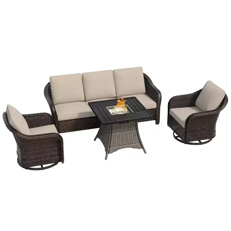 UPTIOT Outdoor-Loungemöbel-Set: 3-Sitzer-Sofa, 2 drehbare Schaukelsessel & 50.000 BTU Feuerstelle für wetterfesten Komfort und Wärme