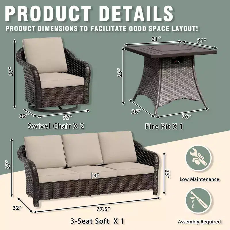 UPTIOT Outdoor-Loungemöbel-Set: 3-Sitzer-Sofa, 2 drehbare Schaukelsessel & 50.000 BTU Feuerstelle für wetterfesten Komfort und Wärme