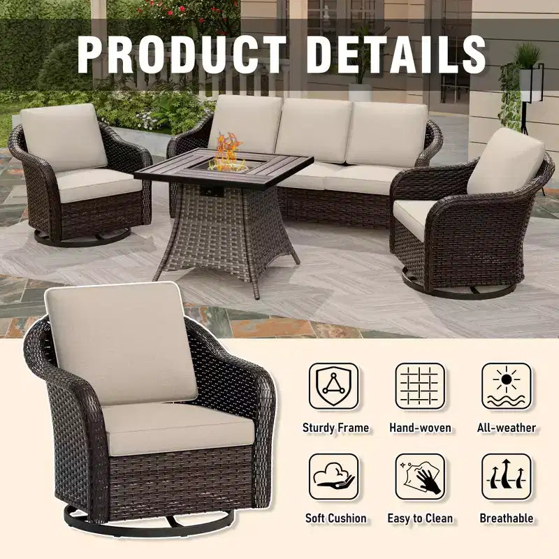 UPTIOT Outdoor-Loungemöbel-Set: 3-Sitzer-Sofa, 2 drehbare Schaukelsessel & 50.000 BTU Feuerstelle für wetterfesten Komfort und Wärme