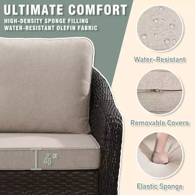 UPTIOT Outdoor-Loungemöbel-Set: 3-Sitzer-Sofa, 2 drehbare Schaukelsessel & 50.000 BTU Feuerstelle für wetterfesten Komfort und Wärme