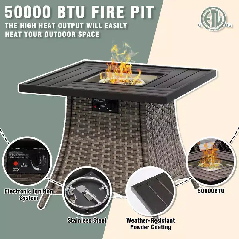 UPTIOT Outdoor-Loungemöbel-Set: 3-Sitzer-Sofa, 2 drehbare Schaukelsessel & 50.000 BTU Feuerstelle für wetterfesten Komfort und Wärme